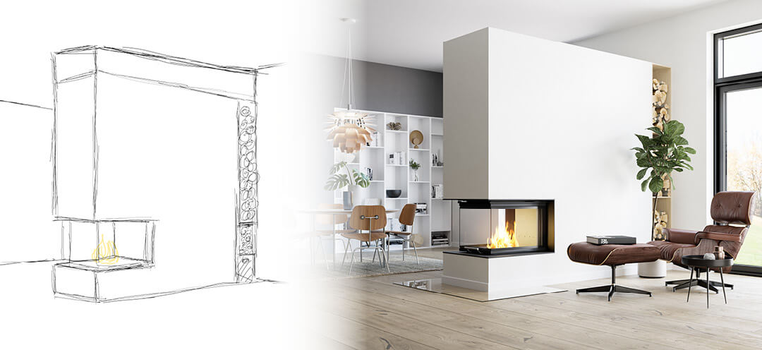 Tvådelad bild av vägen från skiss till färdig öppen spis i ett ljust vardagsrum