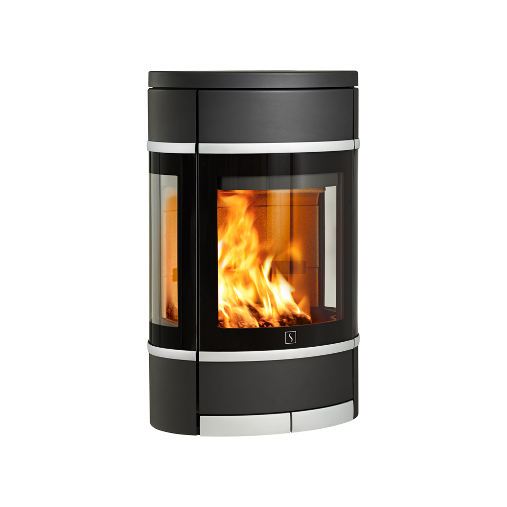 Svart oval vägghängd braskamin med sidohandtag av aluminium och dekorlister Scan 68-8