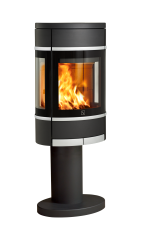 Svart braskamin på pelarfot med sidoglas, aluminiumhandtag och dekorlister Scan 68-10