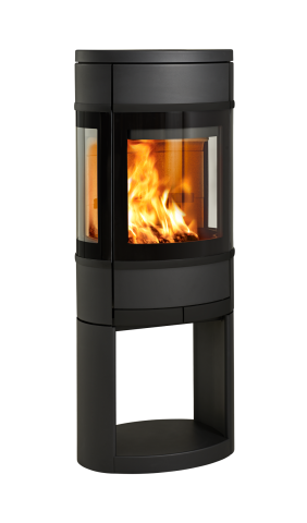 Svart oval braskamin med sidoglas och öppen botten för ved Scan 68-11