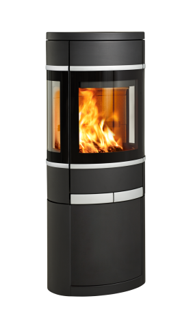 Svart oval braskamin med sidoglas, aluminiumhandtag och list Scan 68-12