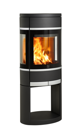 Svart oval braskamin med sidoglas och öppen botten, aluminiumhandtag och klädsellister för ved Scan 68-12