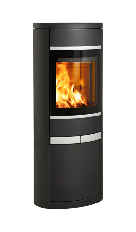 Svart oval braskamin med sidoglas, aluminiumhandtag och list Scan 68-14