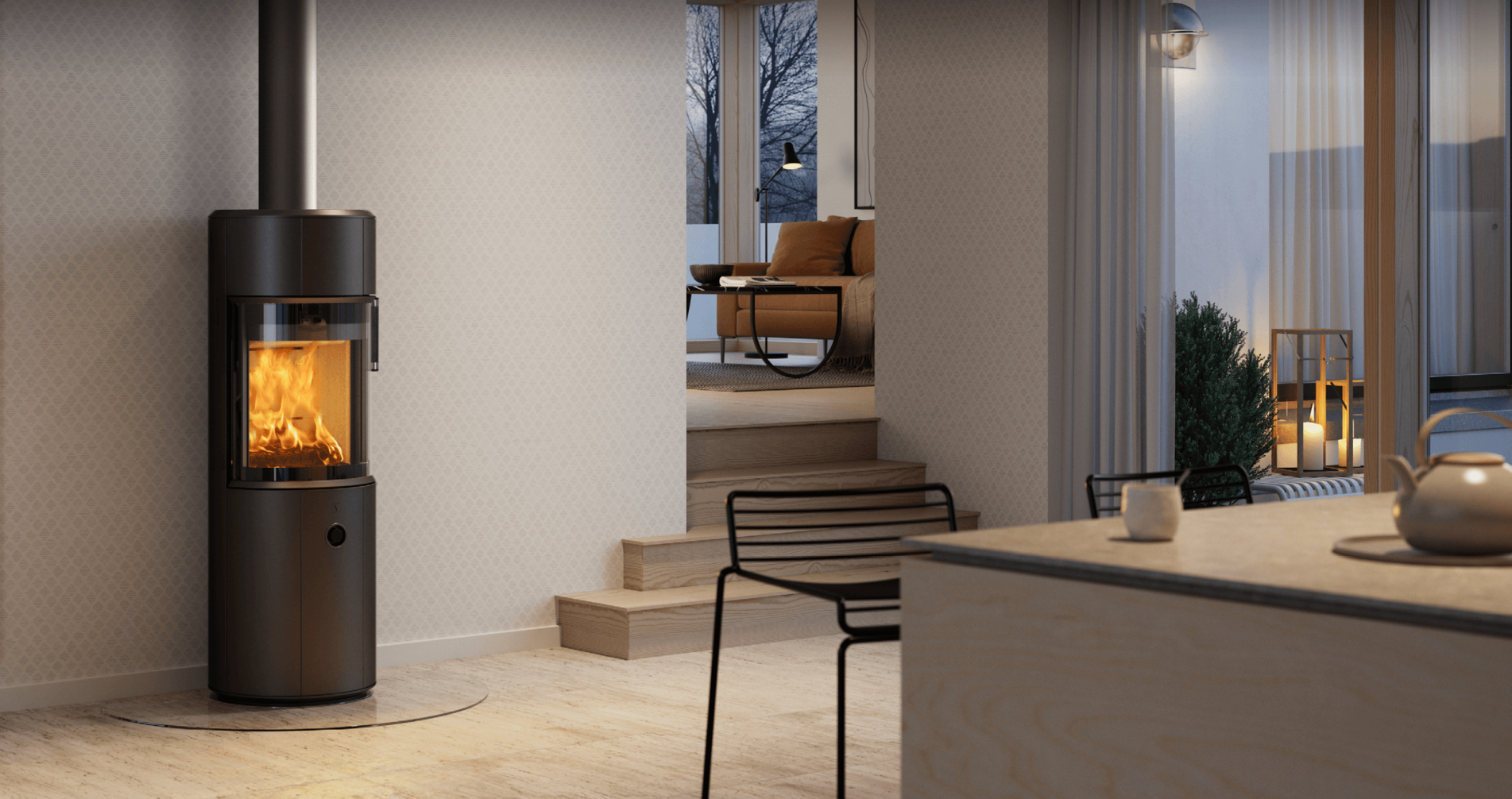 Svart rund braskamin Scan 67-1300 i ljus skandinavisk köksinredning